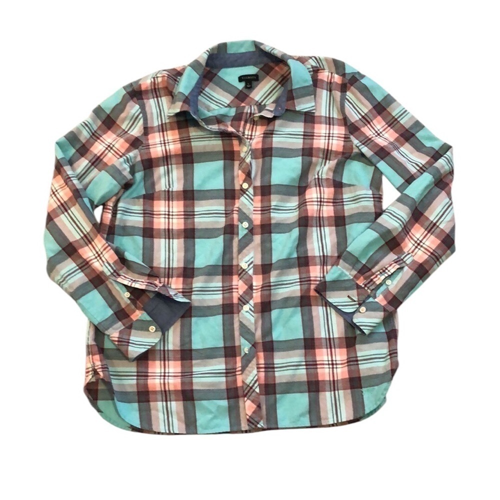 Talbots Womens Button Down Sz L Turquoise Pink Plaid Fall Winter Western Boho